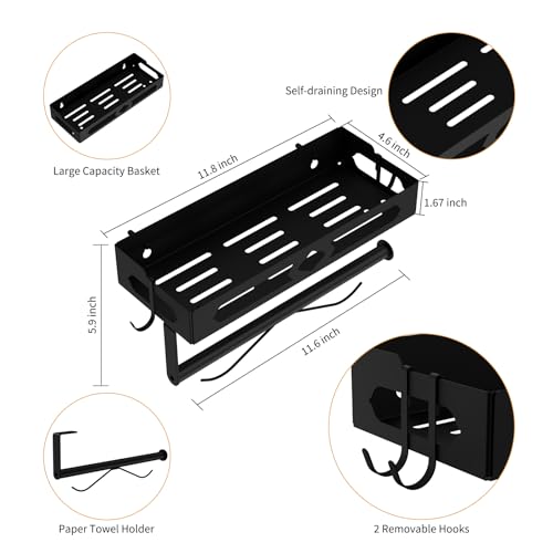 Paper Towel Holder Wall Mount for Kitchen, Easy One-handed Operation Design, Self Adhesive Paper Towel Holder with Shelf for Bathroom, RV Paper Towel Rack Paper Roll Holder with 2 Hooks, Black - color: Black