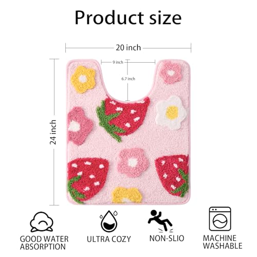 Anybar U-Shaped Toilet Rug 20x24'' - Super Soft Absorbent Bathroom Mat with Cute Strawberry & Flower Design, Non-Slip Quick-Dry Washable Contour Rug for Toilet, Bath Mats for Bathroom Decor（Pink） - color: Pink, size: 1'8" x 2' (U-Shape)