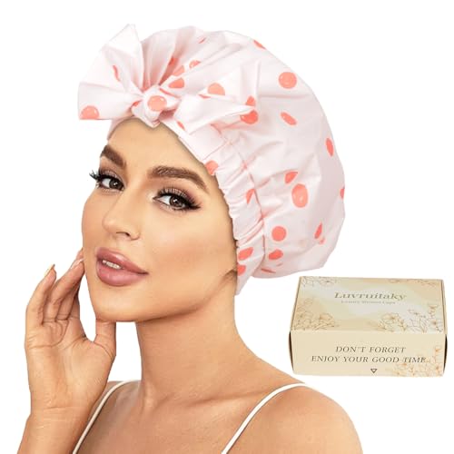 Luvruitaky Shower Cap Luxury Shower Caps for Women Reusable Waterproof Hair Cap for Shower with Adjustable Bowknot Hair Bath Cap (Pink) - color: Pink