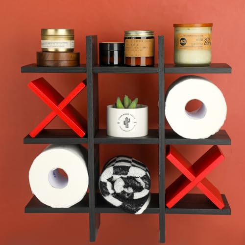 Weysat Tic Tac Toe Toilet Paper Holder Stand Bathroom Wall Decor Rustic Wooden Hanging Storage Freestanding Wall Mounted Shelves Decor for Toilet Tissue Farmhouse - color: Black, Red