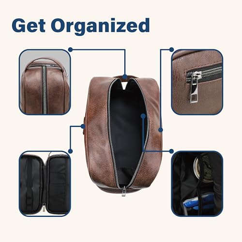 emissary Leather Travel Toiletry Bag for Men, Dopp Kit - Coffee | Water-resistant leather, large capacity + organizer pockets; refined men's travel Dopp kit, carry-on ready - color: Brown