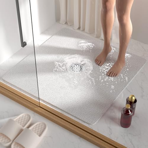 HITSLAM Square Shower Mat, 27 x 27 Inch Non Slip Bath Mat for Tub, Soft PVC Loofah Bathtub Mats with Drain Holes, Quick Drying Bathroom Stall Floor Mat, Bathroom Accessories Without Suction Cup, White - color: White, size: 27" x 27" (Square)