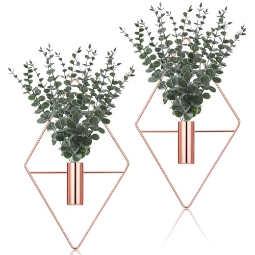 Jexine 4 Pcs Hanging Planters with Artificial Eucalyptus Metal Hanging Vase Indoor Plants Holder Modern Geometric Boho Bathroom Wall Decor for Living Room Home Office (Eucalyptus,Rose Gold) - color: Rose Gold, size: Eucalyptus
