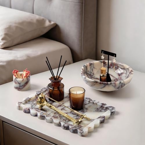 Luxury Natural Scalloped Marble Tray – 11.8 x 7.8-Inch Calacatta Viola Stone Vanity Tray, Elegant Catchall Organizer for Jewelry Perfume Keys, Unique Statement Tray for Bathroom Coffee Table & Dresser - color: Scalloped-calacatta Viola (11.8" X 7.8" X 0.7