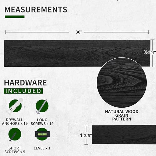 Marsmiles Wood Floating Shelves for Wall Set of 2, 36 Inch Wide Rustic Wooden Floating Shelves, Invisible Wall Mounted Display for Living Room Bedroom Kitchen Bathroom Office, White - color: Distressed Black, size: 36Inch, Set of 2, (1-2/5"H)