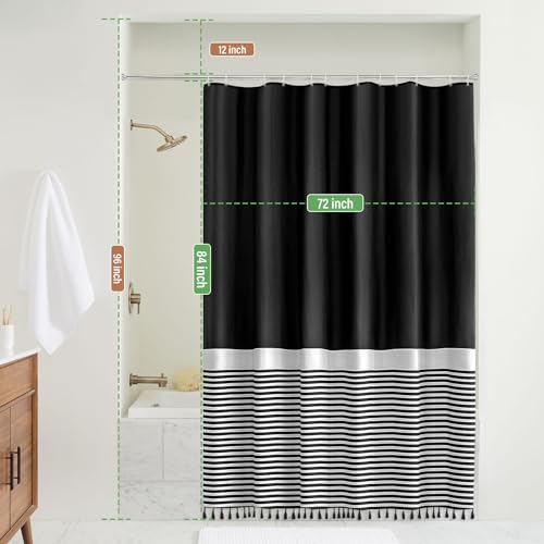 Seasonwood 84 Inch Shower Curtain Black Shower Curtains White Striped with Black Tassels Modern Farmhouse Waterproof Cloth Shower Curtain Set - color: Black, size: 72"W x 84"L (Pack of 1)