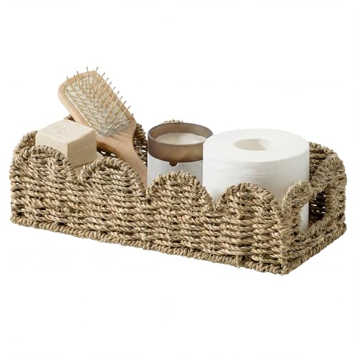 StorageWorks Small Wicker Scalloped Baskets for Bathroom Decor, Long Narrow Decorative Seagrass Baskets for Storage, Toilet Paper Basket for Back of Toilet Basket Tank Topper with Handles - color: Natural (Seagrass), size: 14¼" L x 6¾" W x 3¾" H (Scallope