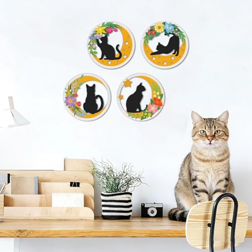 TOARTi 4PCS Boho Cat Moon Wall Decor,Colorful Floral Cats Wooden Wall Art,Black Cats Flower Hanging Sign,Farmhouse Minimalist Geometric Botanical Kitten Artwork for Bedroom Home,Cat Lovers Gifts - color: 4pcs Boho Cat Moon Wall Decor