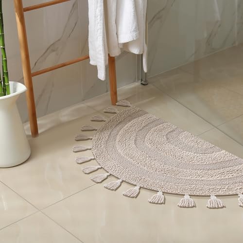 Cotton Half Circle Boho Bathroom Rug with Antiskid 22"x36" Beige – 100% Cotton Scalloped Bath Mat, Anti Skid, Soft & Absorbent Bathroom Rug for Shower, Tub & Entryway - color: Beige, size: 22"x36" - Half Circle