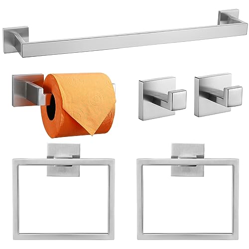 TQKAG 6-Piece Bathroom Towel Bar Sets Brushed Nickel 23.6 inch Towel Bar Stainless Steel Towel Ring Coat Hook and Toilet Paper Holder Bathroom Hardware Set Wall Mounted Bathroom Accessories Kit - color: Brushed Nickel, size: 6-Pieces Set-A