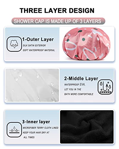 YIZIJIZI Triple Layer Reusable Waterproof Shower Cap for Women Large Terry Lined Hair Cap for Long Thick Hair Travel Bath Care Pink Flowers - color: Pink Flowers