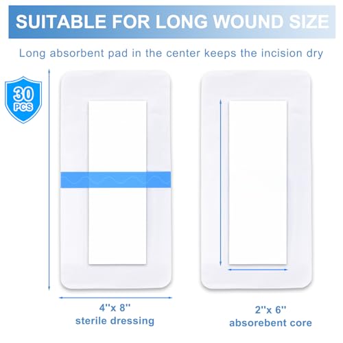 30 Pack 4"x 8" Waterproof Adhesive Island Dressing for Post-Surgery Recovery | Sterile Bordered Gauze Bandages with Non-Stick Pad for Knee/Hip Replacement, Surgical Incision Care & Shower Protection - size: 4x8 in