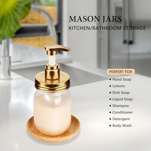 Amolliar Plastic Mason Jar Soap Dispenser with Pump Lid,16OZ Refillable BPA-Free Hand Soap Dispenser Set with Cute Lables - for Kitchen/Bathroom, Liquid Soap, Dish Soap, Lotion (2 Pack, Gold) - color: Gold