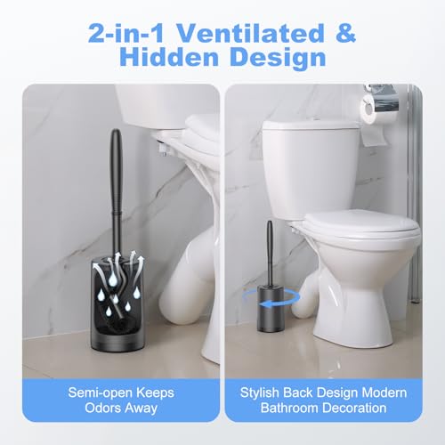 HAMITOR Toilet Bowl Brush Holder Set: Curved Design with Holder for Deep Cleaning Under Rim - Compact Hidden Scrubber for Small Space - Modern RV Bathroom Accessories - Black - color: Black