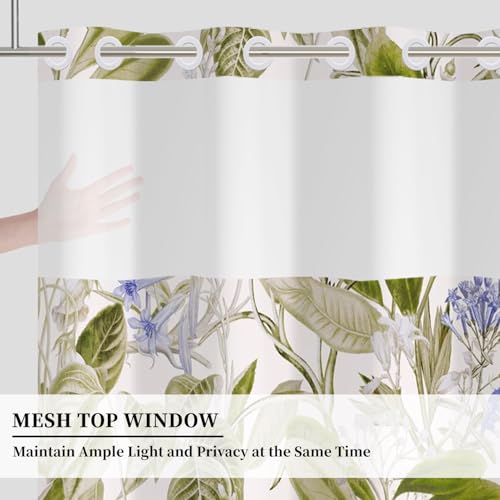 No Hook Botanical Shower Curtain with Snap in Liner,71x74 Inch | Green Tropical Leaf & Blue Floral Shower Curtains for Bathroom, Waterproof Fabric Bath Curtain with Mesh Top Window, - color: Botanical-a