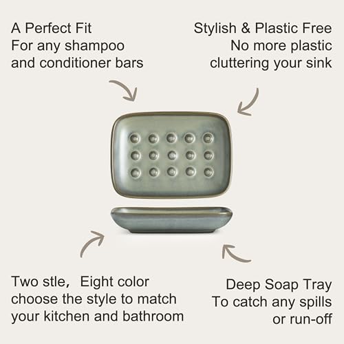 Miamolo Ceramic Soap Dish for Shower, Non-Slip Bar Soap Saver Tray Bar for Bathroom Kitchen Sink Bathtub, Easy to Clean, Dishwasher Safe, Raised Pattern - Keep Soap Dry, Dark Green - color: Dark Green, size: Floating Point Design