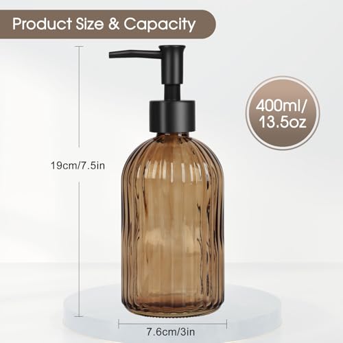 Topsky 2 Pack Glass Soap Dispenser with Black Plastic Pump, 400ml Liquid Hand Soap Dispenser, Rustproof Pump for Kitchen & Bathroom, Great for Lotions, Essential Oil, Liquid Soaps-Amber - color: Stripe-amber, size: Plastic Pump