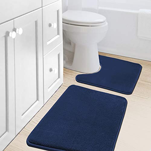 H.VERSAILTEX Bath Mat Memory Foam Set Bathroom Rug Set Flannel Velvety Bath Mat Luxury Extra Soft and Absorbent Non Slip Rugs for Bedroom Washable(Curved Set 20"x 32" Plus 20"x 20"U, Navy) - color: Navy, size: 20" x 32" Plus 20" x 20" U