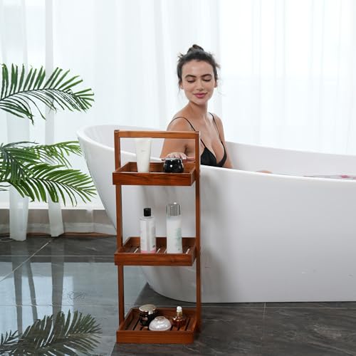 Utoplike Teak Shower Caddy Corner, 3 Tier Standing Shower Organizer Shelf with Handle, Wood Bathroom Stand Up Caddy Basket for Shampoo, Rack for Inside Shower, Bath, Office, Kitchen Desktop - color: 3 tier