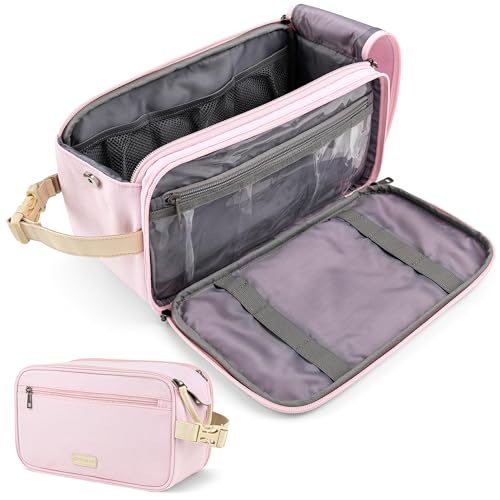 PAVILIA Toiletry Bag for Women, Canvas Dopp Kit, Travel Essentials Organizer, Water-Resistant Shaving, Grooming Kit, Large Hanging Bathroom Accessories Cosmetic Bag, Pink - color: Pink, size: Extra Large (12.5x6x7)