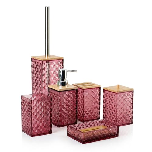 Red Bathroom Accessory Set, 6 PCS Red Bathroom Accessories Set,Soap Dispenser, Toothbrush Holder, Soap Dish, Mouthwash Cup, Cotton Swab Holder and Toilet Brush, Acrylic - color: Red