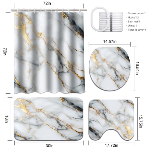 Lnond 4Pcs Marble Bathroom Sets with Shower Curtain and Rugs,White Gold Marble Modern Art Bathroom Shower Curtain Sets with Rugs and Accessories - color: White Gold Marble