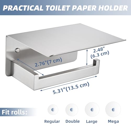 APLusee Brushed Nickel Toilet Paper Holder with Phone Shelf, 304 Stainless Steel Toilet Tissue Roll Holder, Wall Mounted Bathroom Paper Roll Dispenser - color: Brushed Nickel, size: Single Rod