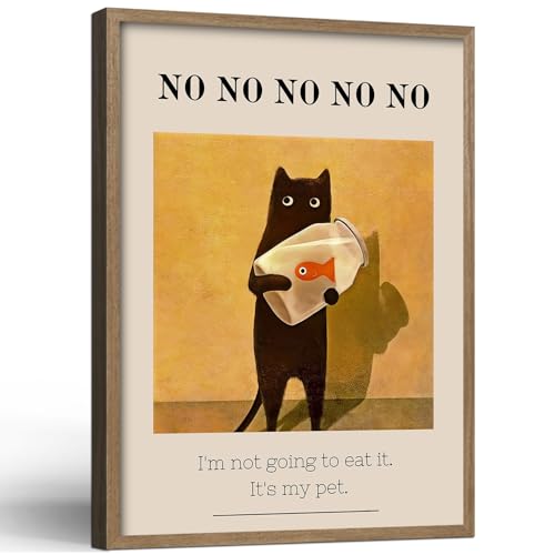 Framed Funny Canvas Wall Art with Black Cat and Fish Humorous Print modern Gallery Whimsical Pet Themed Artwork Home Decor Living Room Bedroom Office 12x16 Inch Ready to Hang - color: Black Cat and Fish, size: 16L" x 12W"