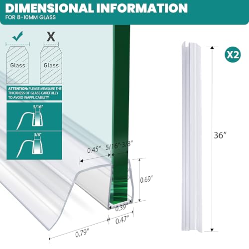 Bathroom Shower Glass Door Bottom Seal Strip, 2PCS 36 Inch Long Clear PVC Seal Strips for 5/16"(8mm) - 3/8"(10mm) Thick Framless Glass Door Panel - style: (5/16"-3/8") X 36"