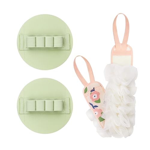 Bath Scrubber Kit: 2 Silicone Exfoliating Pats & Double-Sided Long Handle Back Scrubber Bath Puff for Deep Cleansing - color: 2 Green & Pink
