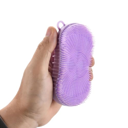 Silicone Body Scrubber, Double Sided Exfoliating Brush with Soft Flexible Bristles, Scalp Massage and Shampoo Tool with Hanger Loop (Lavender) - color: Lavender