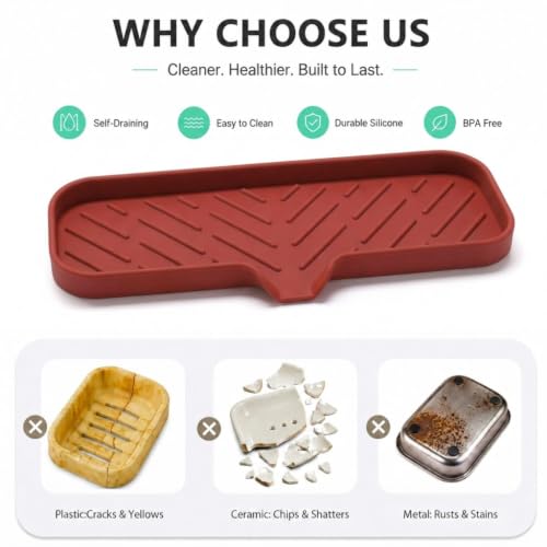 MicoYang Silicone Soap Dish with Drain Spout — Self-Draining Double Sink Organizer Tray for Kitchen & Bathroom, Dispensers, Sponges & Soap Holder, Non-Slip & Dishwasher Safe, Red (Large, 12"×4") - color: Red, size: L(12"×4")