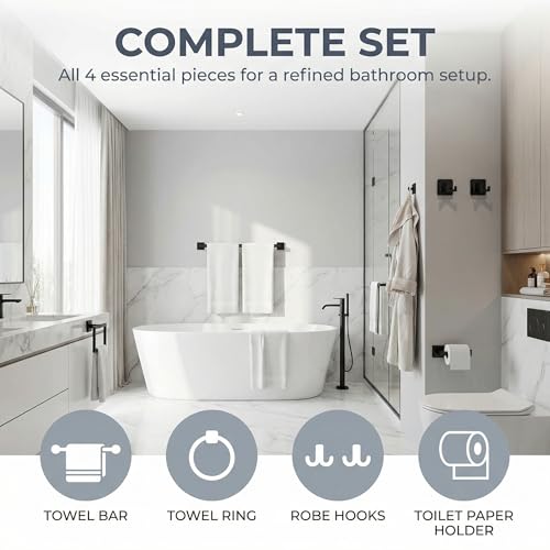 5-Piece Square Matte Black Bathroom Hardware Set - Wall Mounted Towel Bar Bath Accessories