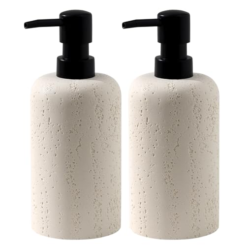 Soap Dispensers 400mL 13.5 OZ, 2 PCS Luxurious Hand Dish Lotion Shampoo Soap Dispenser Jar, Travertine Soap Bottles Rustproof Pump for Kitchen Bathroom Countertop - color: Ivory White