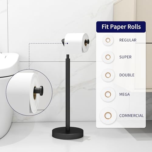 STWWO Toilet Paper Holder Free Standing, Matte Black Toilet Paper Stand 21.7" H, Stainless Steel Tissue Roll Holder for Bathroom, Heavy Weighted Base