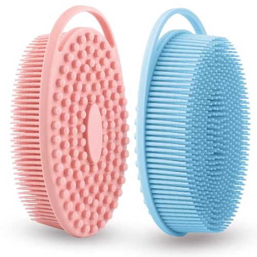 Silicone Body Scrubber 2 Pcs Silicone Loofah Exfoliating Body Scrubber for Men Women Soft Silicones Shower Scrubbers Double Sided Silicones Bath Bodys Brush for All Skin Lather Well, Blue and Pink - size: blue+pink