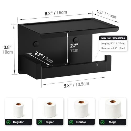 HITSLAM Toilet Paper Holder with Shelf, Stick on Matte Black Toilet Paper Roll Holder, Self Adhesive or Wall-Mount with Screws for Bathroom,Washroom - color: Black, size: Large