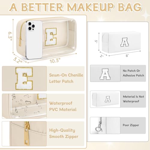 Initial Clear Makeup Bag, Birthday Gift Preppy Chenille Patch Cosmetic Bag, Initial Travel Essentials Beach Toiletry Pouch, Ideal Gift for Teachers & Moms, Women and Girls (Beige, E) - color: Beige, style: E
