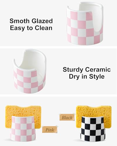 Kitchen Sink Checkered Sponge Holder, Dish Sponge Rack Cute Ceramic Brush Holder Organizer, Farmhouse Kitchen Decor Dish Rack for Brush, Scrubbers, Bathroom, Sink (Pink-white) - color: Pink-white