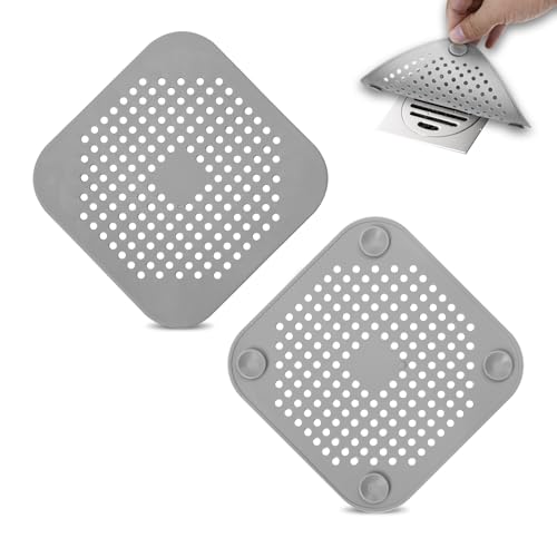 2 Pack Drain Hair Catcher Silicone Bathroom Accessories Square Drain Cover for Shower,Easy to Install Suit for Bathroom,Bathtub,Kitchen, Grey
