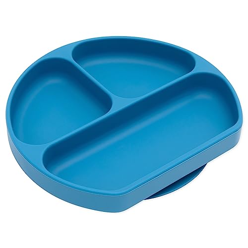 Bumkins Toddler and Baby Suction Plate, Divided Grip Dish for Babies and Kids, Baby Led Weaning, Feeding Supplies, Sticks to Tables and Highchairs, Platinum Silicone, for Children 6 Months, Dark Blue - color: D2 Dark Blue-GD