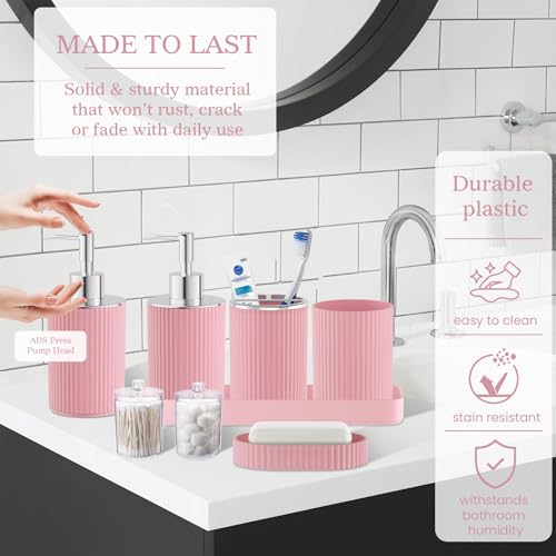 Light Pink Bathroom Accessories Set - Bathroom Sets, 25PC Bath Accessory Set, Bathroom Sets with Push Top Trash Can, Shower Curtain and Rugs, Toilet Brush, Trash Can & Soap Dispenser - color: Pink & Silver, size: 25-Piece Set (Accessories + Shower Curtain