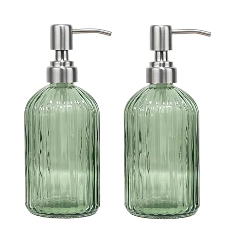 14Oz Green Soap Dispenser Bathroom - 2 Pack, Clear Glass Hand Soap Dispensers with Stainless Steel Pump, Refillable Dish Soap Dispenser for Kitchen, Countertop Soap Dispensers - color: 2 Pack - Green