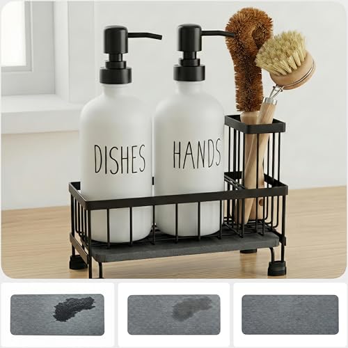 Kitchen Soap Dispenser Set with Sponge Holder & Brush Holder - 16oz Glass Hand and Dish Soap Dispenser, Instant Dry Diatomaceous Earth Stone Tray, Non-Slip Silicone Pad, Sink Organizer(White)