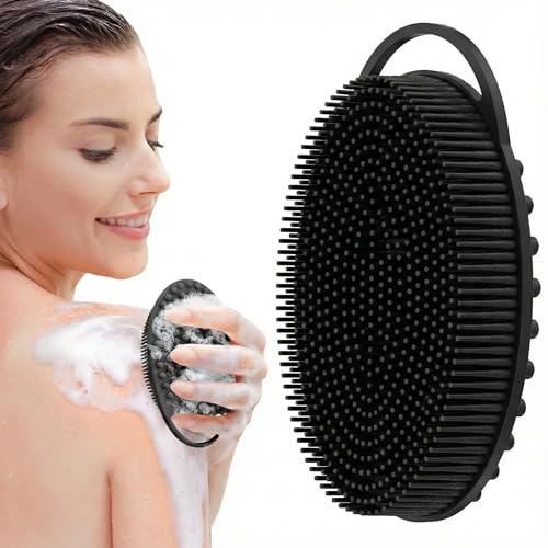 Silicone Body Scrubber, Exfoliating Loofah Alternative for Women Men, Soft Silicone Body Shower, 2 in 1 Bath and Shampoo Brush for Sensitive Skin, Back,Showering,Brush Exfoliator (Black) - size: Black
