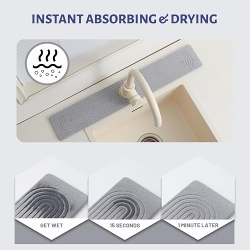 Fast Drying Stone Faucet Mat for Kitchen Sink with Raised Feet | Diatomaceous Earth Sink Mat , Quick Dry Water Absorbing Stone Tray, Faucet Splash Guard for Kitchen Sink, (Grey 23.6" x 3.9") - color: Gray.23.6" x 3.9"