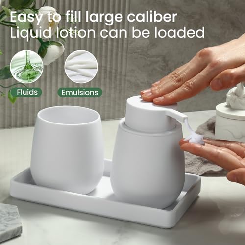 Bathroom Accessories Set, Modern 3 Pcs Bathroom Essentials - Soap Dispenser, Toothbrush Holder & Tray, Countertop Vanity Organizer (White) - color: White