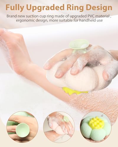 2 Pcs Bath Sponge, 2026 Upgrade Super Soft Yellow Flower-Shaped Suction Cup Bath Sponge, Upgraded 2-in-1 Flower-Shaped Ball Exfoliating Bath loofah Cleaning Brush, Mesh Shower Body Sponge(2 Color - style: Green+Light Pink