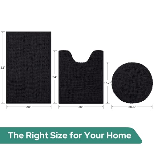 HOMEIDEAS 3 Pieces Black Bathroom Rugs Set, Ultra Soft Non Slip Bath Rug and Absorbent Chenille Bath Mat, Includes U-Shaped Contour Rug, Bath Mat and Toilet Lid Cover, Perfect for Bathroom, Tub - color: Black, size: 20"x32"+U 20"x24"+Cover 18"x21"