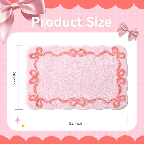 TRUEDAYS Pink Bow Bathroom Rugs - Cute Bow Bath Mat Small Non Slip Bath Mat, Super Soft & Absorbent Bath Rugs for Bathroom Decor, Tub, Vanity Floor - color: Pink Scalloped Bow